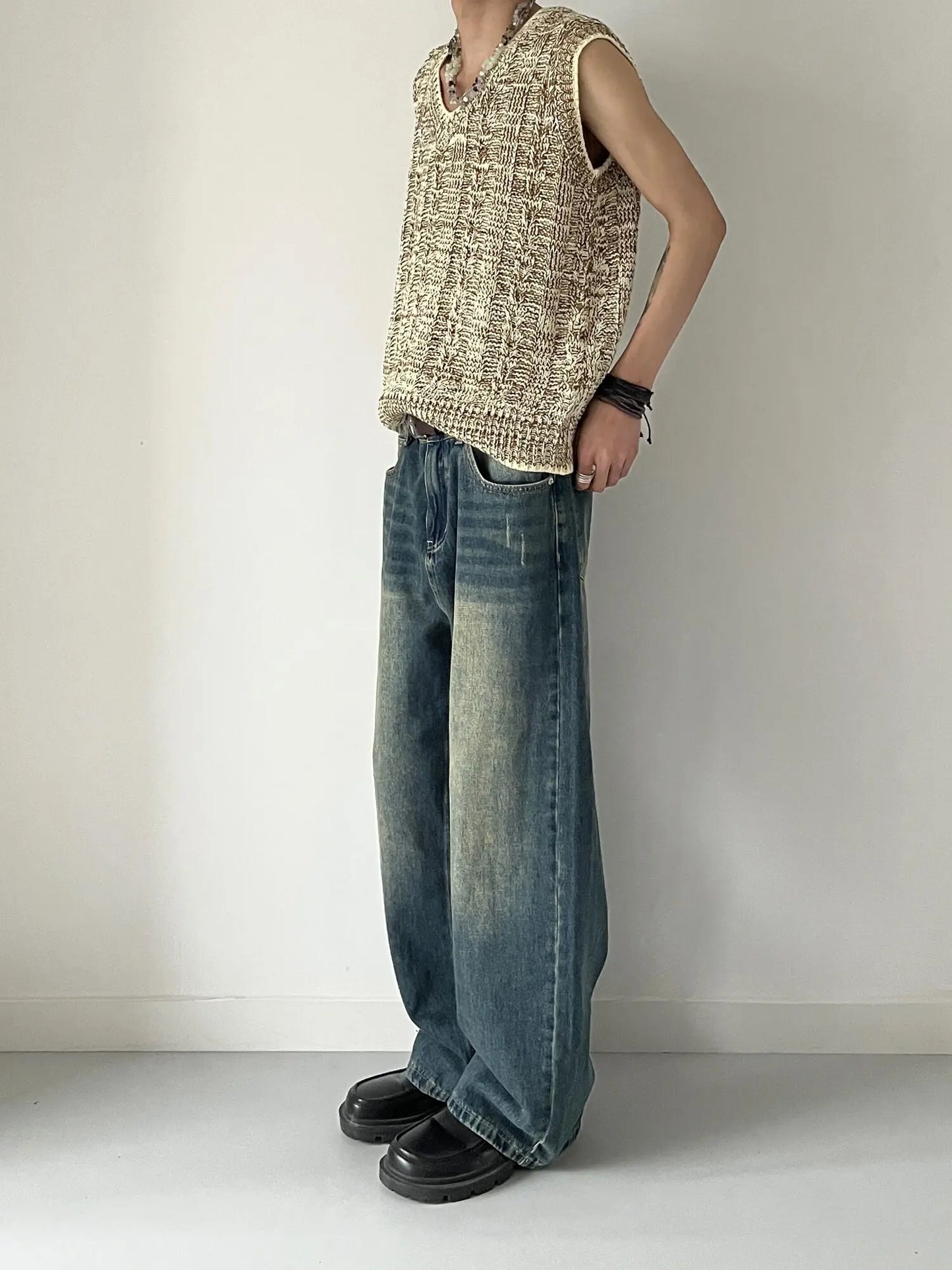 LIMITED LESS Washable Old Cat Beard Worn Loose Wide Leg Versatile Jeans and Pants for Men and Women