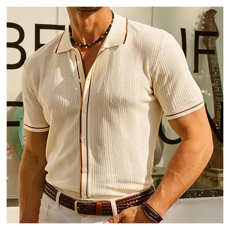 Summer Ice Silk Men Hollow Polo Shirt Breathable Soft Knit Shirt Top Men's Short-sleeved Tee Fashion Color Contrast Men's Shirt