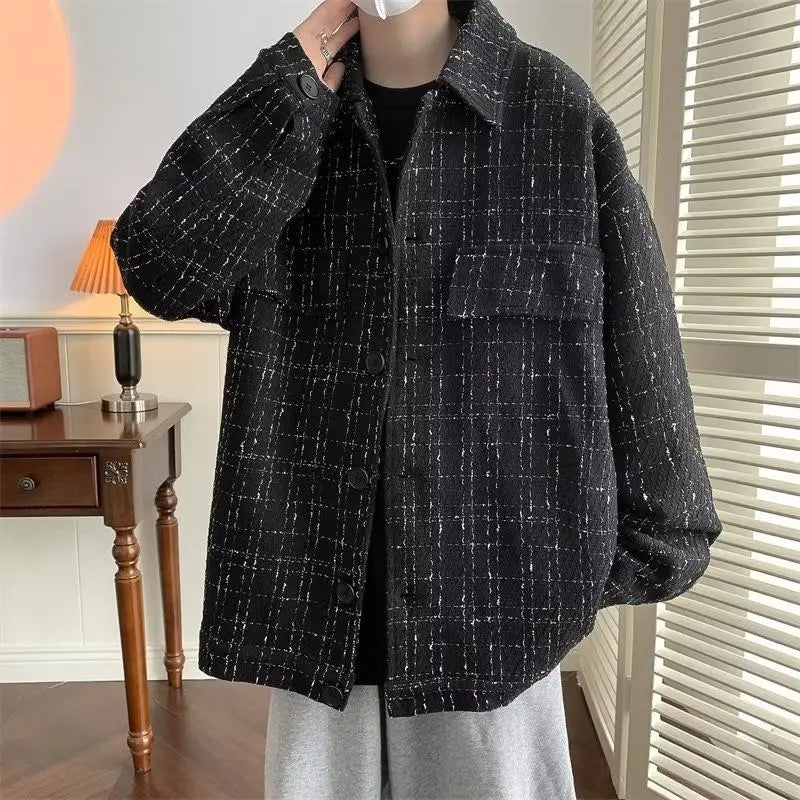 Casual Plaid Young Style Jackets Men's Clothing Loose Turn-down Collar Spring Autumn Long Sleeve Korean Single-breasted Coats