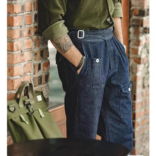 High Street Men Gurkha Jeans Cargo Pants Adjustable Waist Buckle Naples Trousers American Vintage Casual Loose Denim Pants