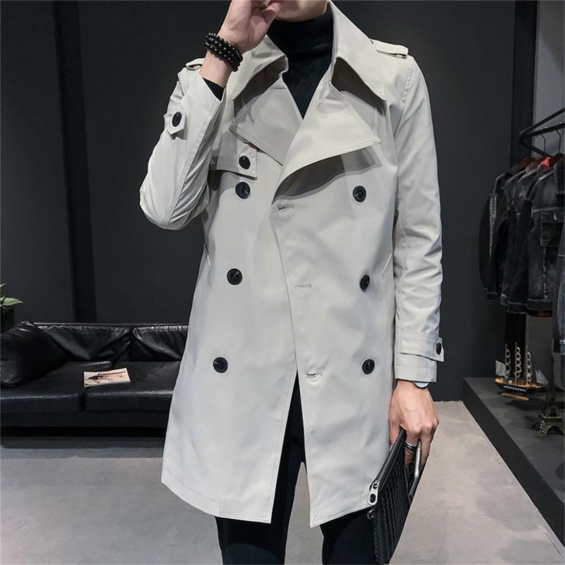 Autumn Winter Men's Jackets Double Breasted Medium-Long Trench Coat Male Solid Color Coats Fashion Windbreaker Outwears K53