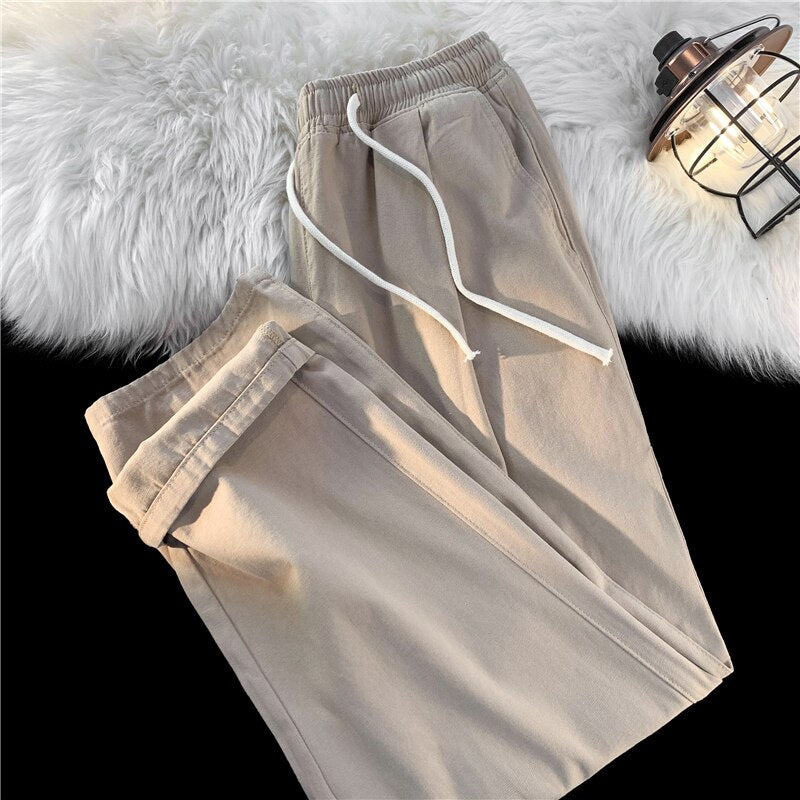 2023 Spring Summer New Men's Solid Color Straight Wide Leg Pants Korean Fashion Casual Elastic Waist Baggy Trousers Male Khaki