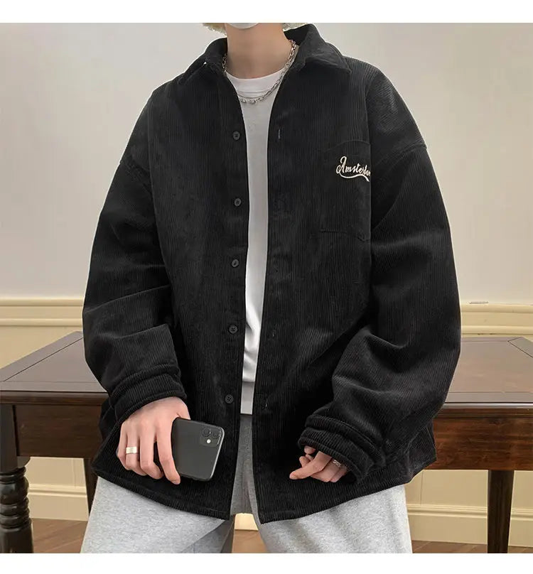 Spring Fashion Men's Casual T-Shirt Loose Soft Versatile Tops Button Corduroy Jacket Coat Cool Boys Solid Print Letter Pocket