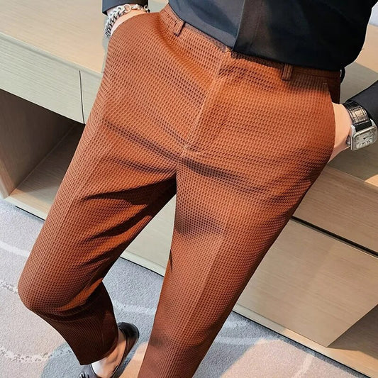 Old Money Aesthetic Pencil Pants Men Vintage Waffle Slim Fit Solid Color Suit Trousers Autumn New Casual Fashion Mens Waist Pant