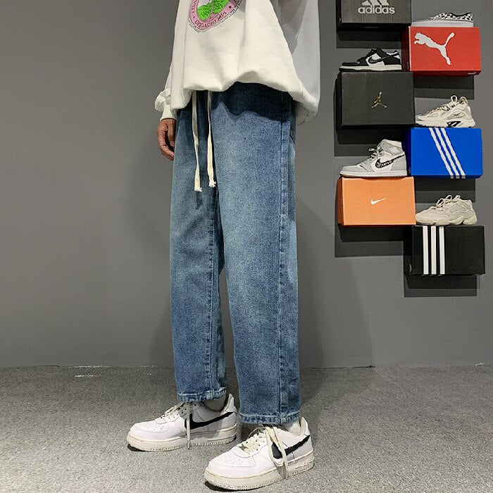 Autumn New Men's Baggy Grey Jeans Streetwear Loose Straight Elastic Waist Design Ankle-Length Pants Korean Skate Pants