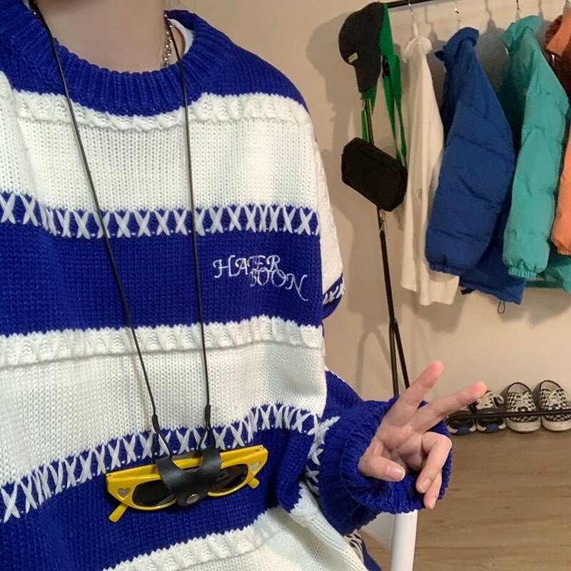 Blue Sweater men's design sense niche lazy wind couple Sweater autumn winter oversize STRIPE TOP men sweaters coat