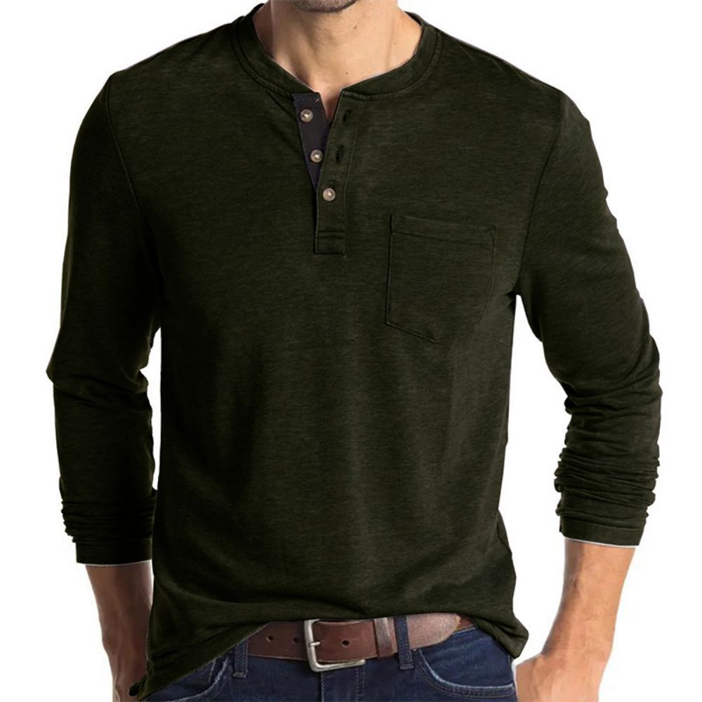 Men's Henley Collar Long Sleeved T-shirts Solid Casual Top Single Breasted Pocket TShirt Soft Comfy Bottoming Shirt for Autumn