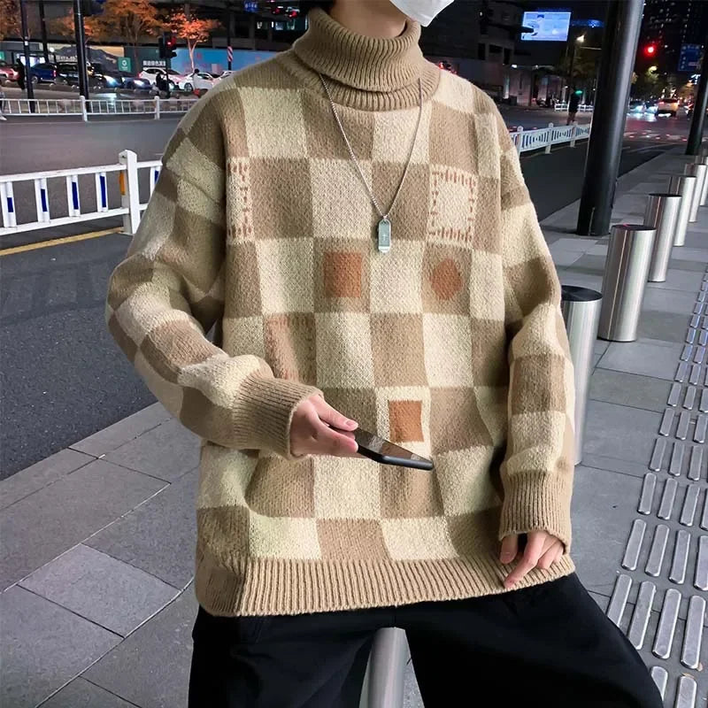 FORUWISH  -  Autumn/Winter Polo Turtle Neck Sweater For Men Plaid Trendy Japanese Loose Fit Versatile Casual Knitted Top Vintage Style