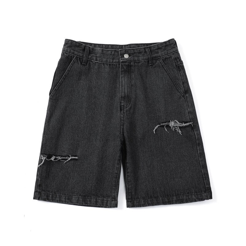 Summer New Streetwear Baggy Short Jeans Men Korean Fashion Loose Straight Wide Leg Denim Shorts Male Brand Black Blue