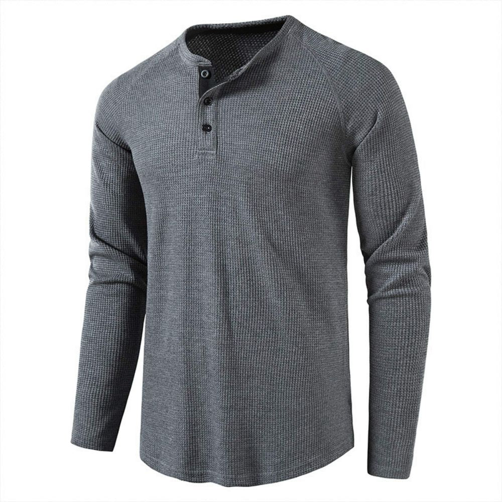 Men's Grey Waffle Mens Henley Shirt Casual Solid Breathable High Quality Shirts Regular Fit Long Sleeve Basic Tops Tees Homme