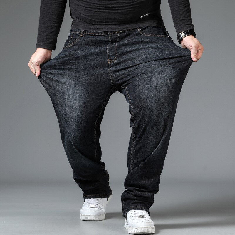 Men's Large Size Jeans Elastic Band Big 10XL Oversize High Waist Loose Pant Husband Plus Size Fat Loose Black Male Denim Trouser