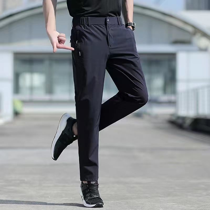 Large Size Men's Summer Pants Big Size Ice Silk Stretch Breathable Straight Leg Pants 6XL Quick Dry Elastic Band Black Trousers