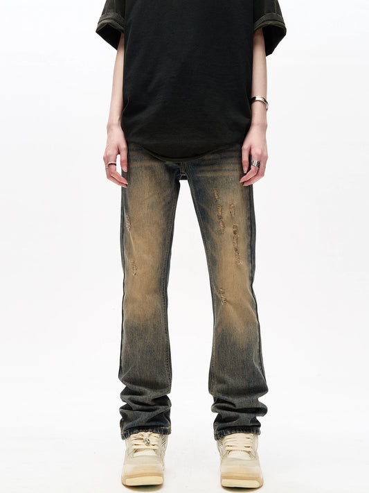 American Vibe Yellow Mud Dyed High Street Distressed Jeans for Men's Ins Trendy Slim Fitting Straight Tube Casual Long Pants