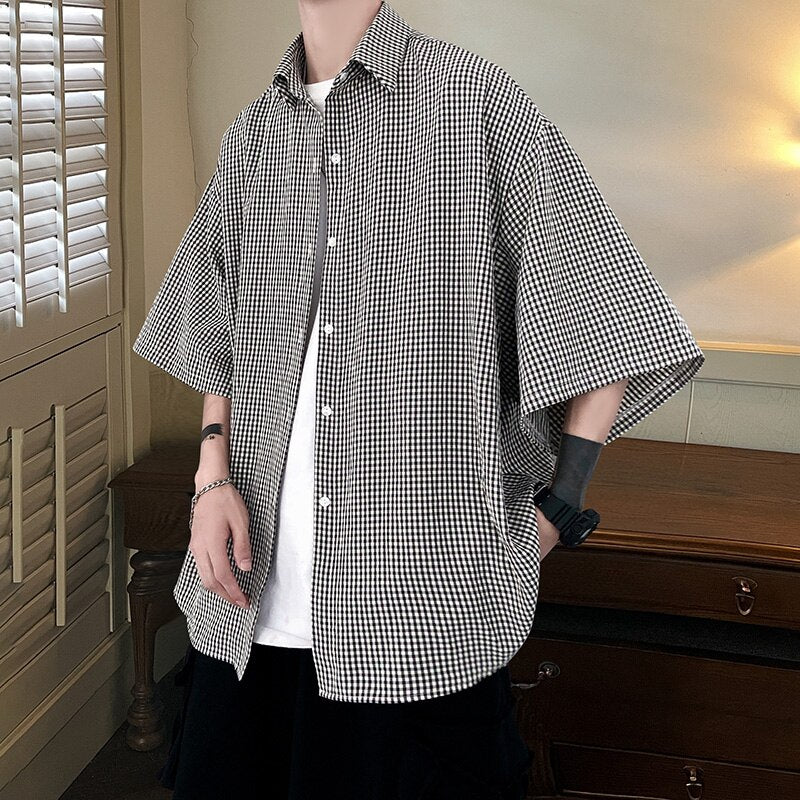 HIP HOP Streetwear Casual Plaid Shirt Men'S Half Sleeve High Quality 2023 Loose Spring Summer Fashion Chemise Homme