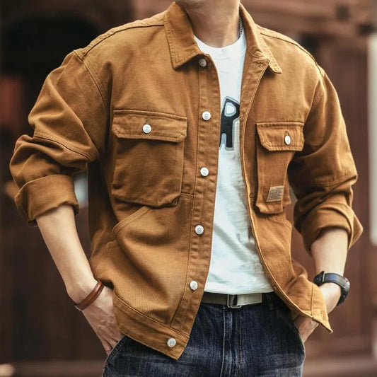 2024 Spring and Autumn New Fashion Solid Color Retro Cargo Jacket Men's Casual Loose Comfortable Large Size Cotton Denim Coat