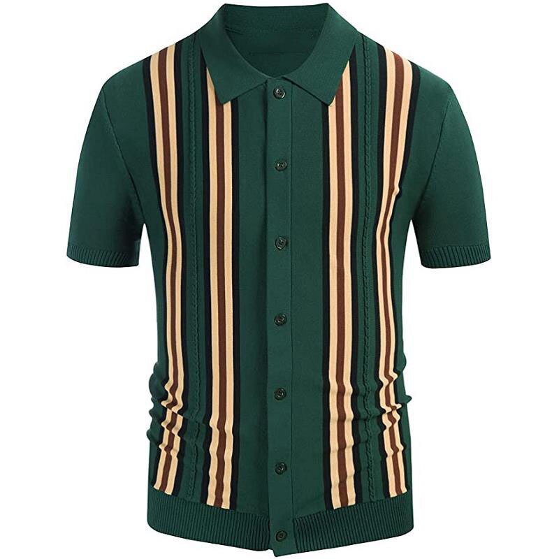 Men Knitwear Short Sleeve  Polo Shirt Casual Slim Fit Suit Collar Button Polo Shirt Breathable Summer Top Stripe Green Contrast