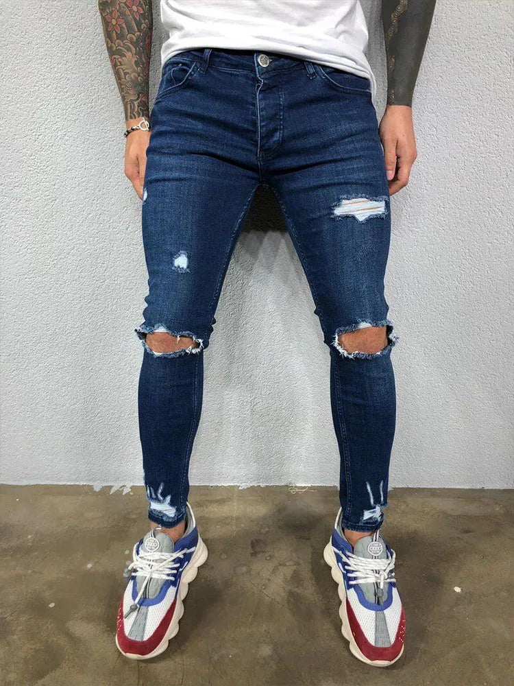 FORUWISH  -  Fashion Street Style Knee Ripped Skinny Jeans Men Vintage Wash Solid Denim Trouser Mens Casual Slim Jogging Pants Men Clothes