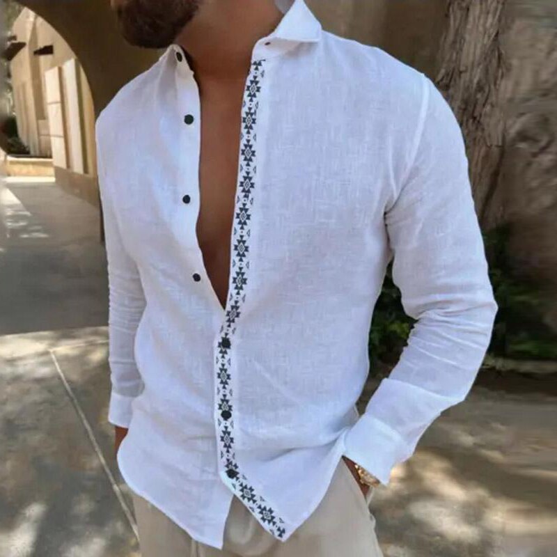 Vintage Graphic Cotton Linen Shirts Men Long Sleeve Lapel Button-up Casual Shirt Spring Summer Fashion Mens Clothes Beach Style