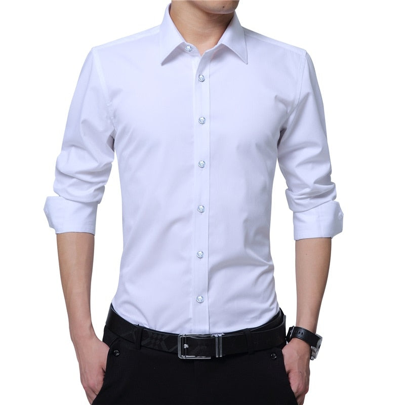 Men Dress Shirt Fashion Long Sleeve Business Social Shirt Male Solid Color Button Down Collar Plus Size Work White Black Shirt