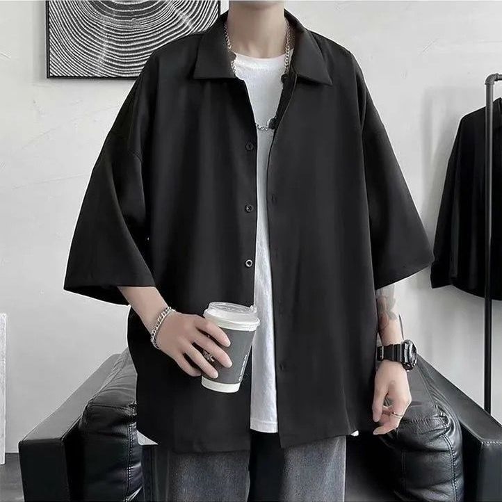 Spring Summer Fashion Men's Solid Casual Loose T-Shirt Cool Trendy Guy Long Sleeve Soft Drape Solid Loose Button