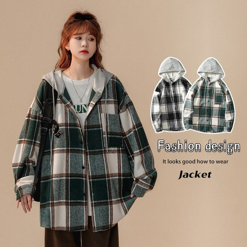 Autumn New College Style Plaid Hooded Jacket Men Loose Fashion Women's Hoodie Woolen Fabric Male Korean Couple Woolen Coat 2023