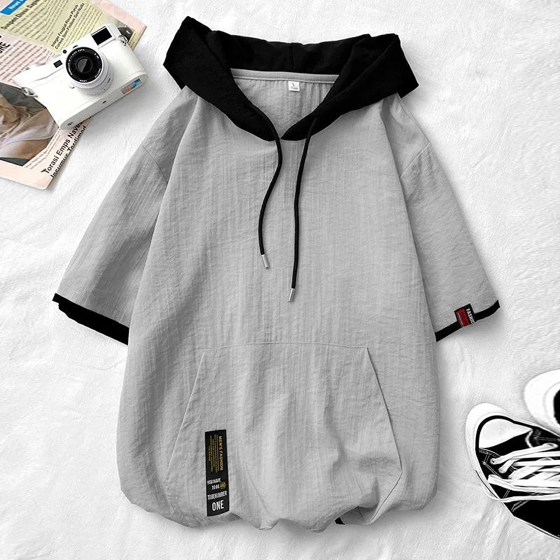 Hooded Hoodies Men Summer Short Sleeve Loose Breathable Summer All-match Outwear Teens Couples Japanese Harajuku Y2k Tops Ins