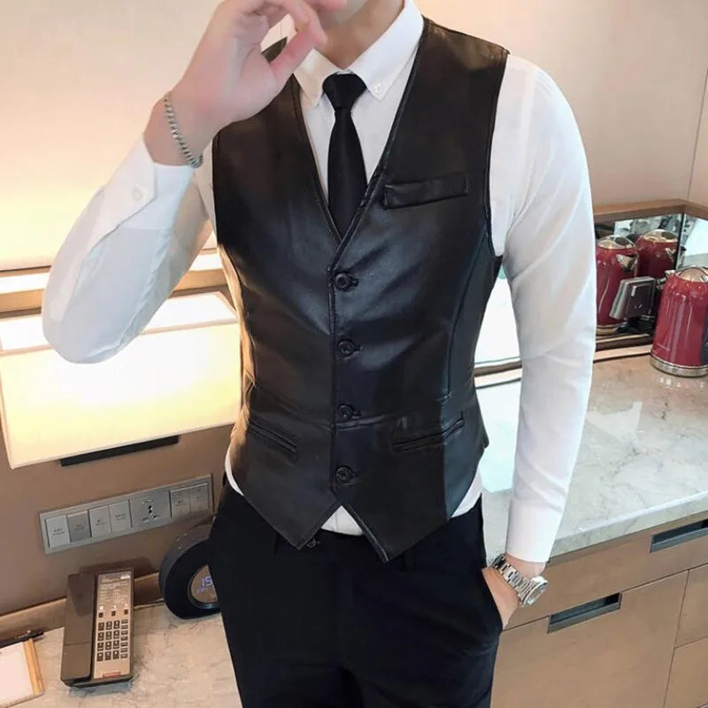 Leather Vest Men New Fashion Casual High Quality Solid Color Single Breasted Slim Large Size Business Vest Waistcoat S-5XL