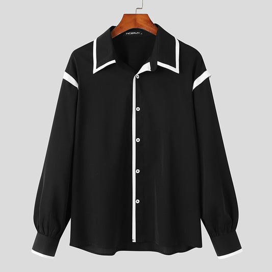 Tops 2023 Korean Style Men Black White Color Blouse Fashion Well Fitting Splicing Long Sleeve Lapel Buttons Shirts S-5XL