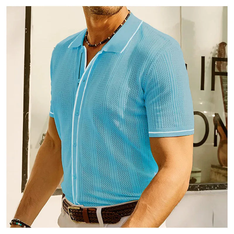 Summer Ice Silk Men Hollow Polo Shirt Breathable Soft Knit Shirt Top Men's Short-sleeved Tee Fashion Color Contrast Men's Shirt