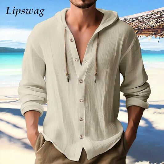 New Casual Solid Color Cotton Linen Shirt Mens Hoodie Vintage Buttoned Lace-up V Neck Hooded Shirts Fall Long Sleeve Men Hoodies