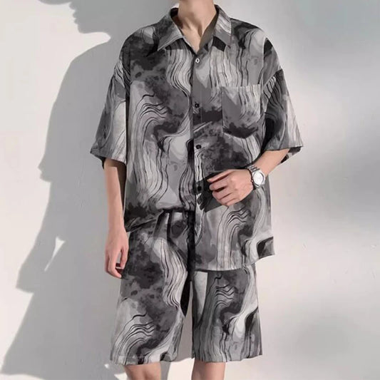 Streetwear Mens Two Piece Suits Casual Loose Short Sleeve Shirts And Shorts Outfits Men Summer Leisure Breathable Ice Silk Suits