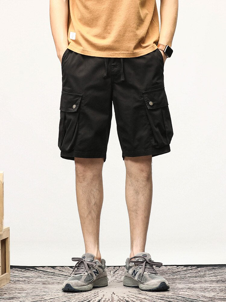 Summer Multi-Pockets Cargo Shorts Men Solid Military Stretch Cotton Casual Bermuda Shorts Male Straight Loose Work Short Pants