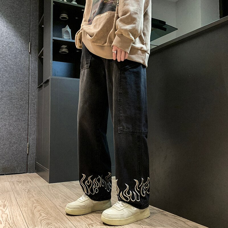 2023 Spring New Personality Embroidery Men's Baggy Jeans Streetwear Loose Straight Denim Trousers Male Brand Clothing