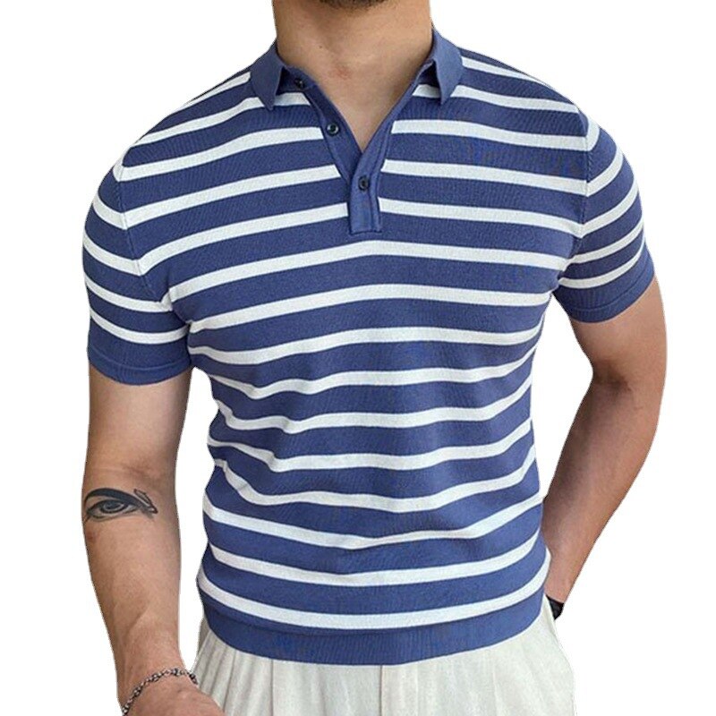 Men Knitted Short  Sleeve Polo Shirt Striped Casual Slim Fit Lapel Button Cardigan Breathable Top Tee  T-shirt Contrast Color