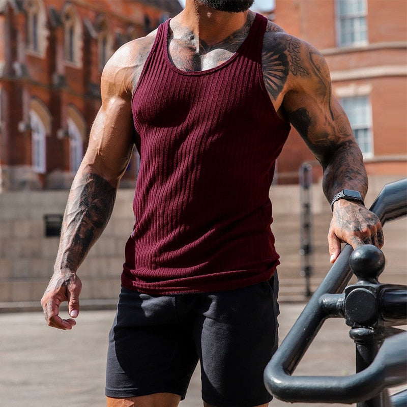 Casual Solid Color Woven Tank Tops Men Fashion Slim Fit Crew Neck Sleeveless Vest For Mens Sports Training Fitness Ribbed Tops