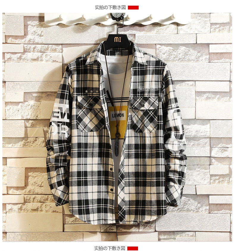 Men's Streetwear Thick Shirts Men Clothing Harajuku Color Block Plaid Shirt  Long Sleeve Male Vintage Korean Fashions Clothes