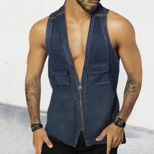 Vintage Zip-up V Neck Jean Vest Men Streetwear Sexy Sleeveless Slim Denim Shirts Mens Summer Fashion Patchwork Pockets Tank Tops