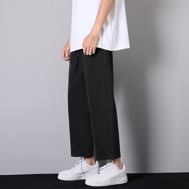 Autumn New Men's Street Loose Jeans Korean Fashion Elastic Waist Design Light Blue Denim Wide-Leg Pants Male Smoke Grey