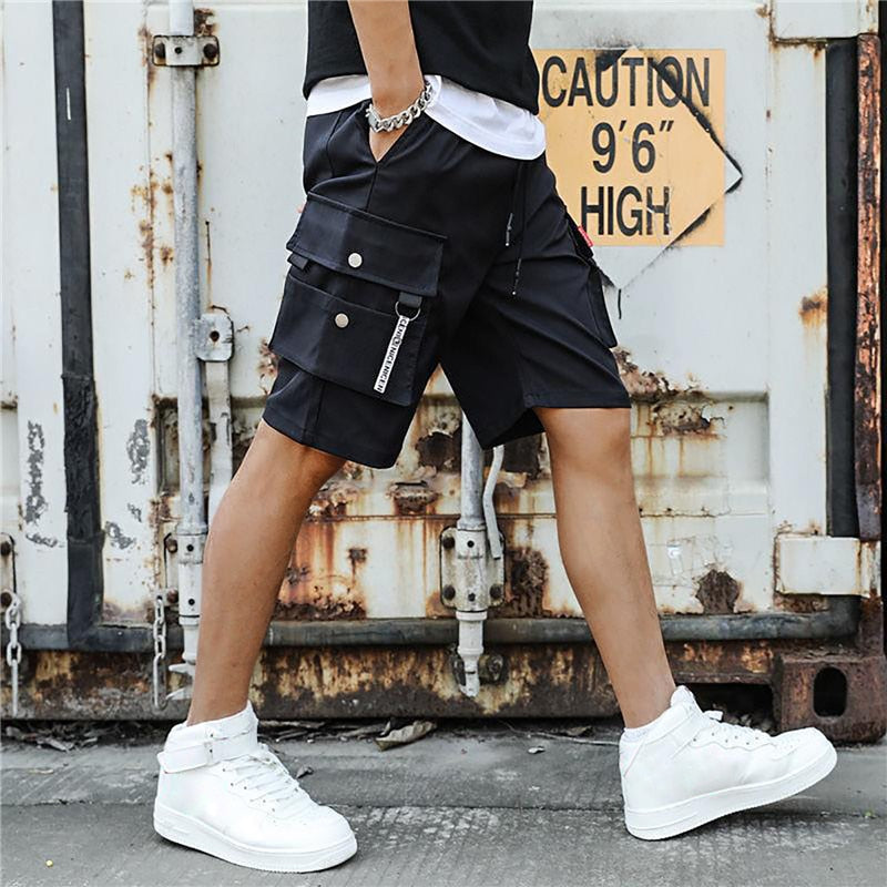 Men Cargo Shorts Tactical Joggers Shorts Work Casual Pants Male Multi Pockets Buttons Loose Wide Leg Knee Length Summer Shorts