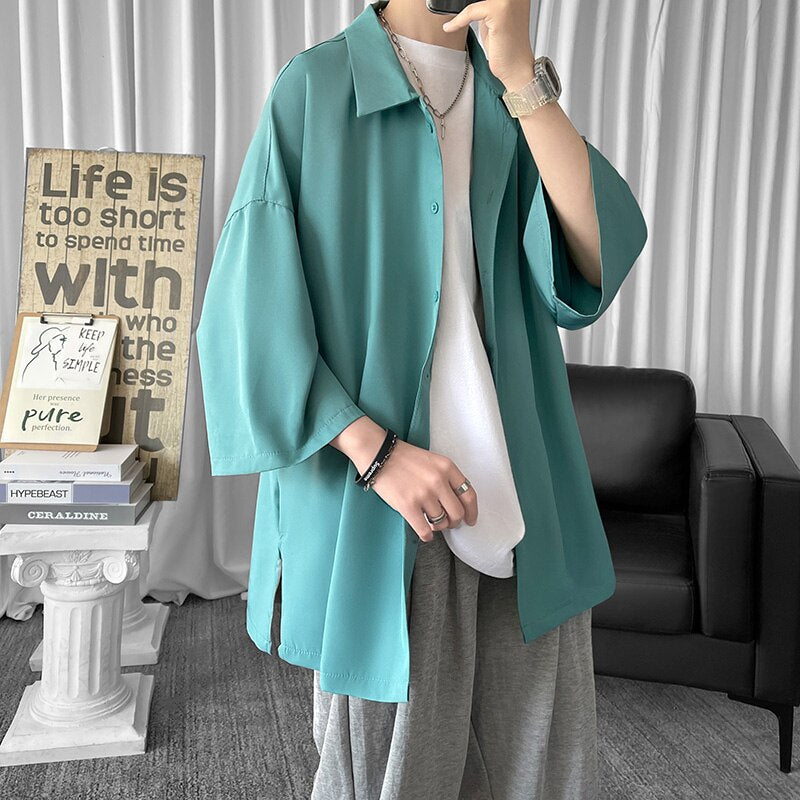 Solid Color Oversized Men's Shirts  Harajuku Men Casual Half Sleeve Shirt Tops Cool Summer Streetwear Man Blouse 6 Colors