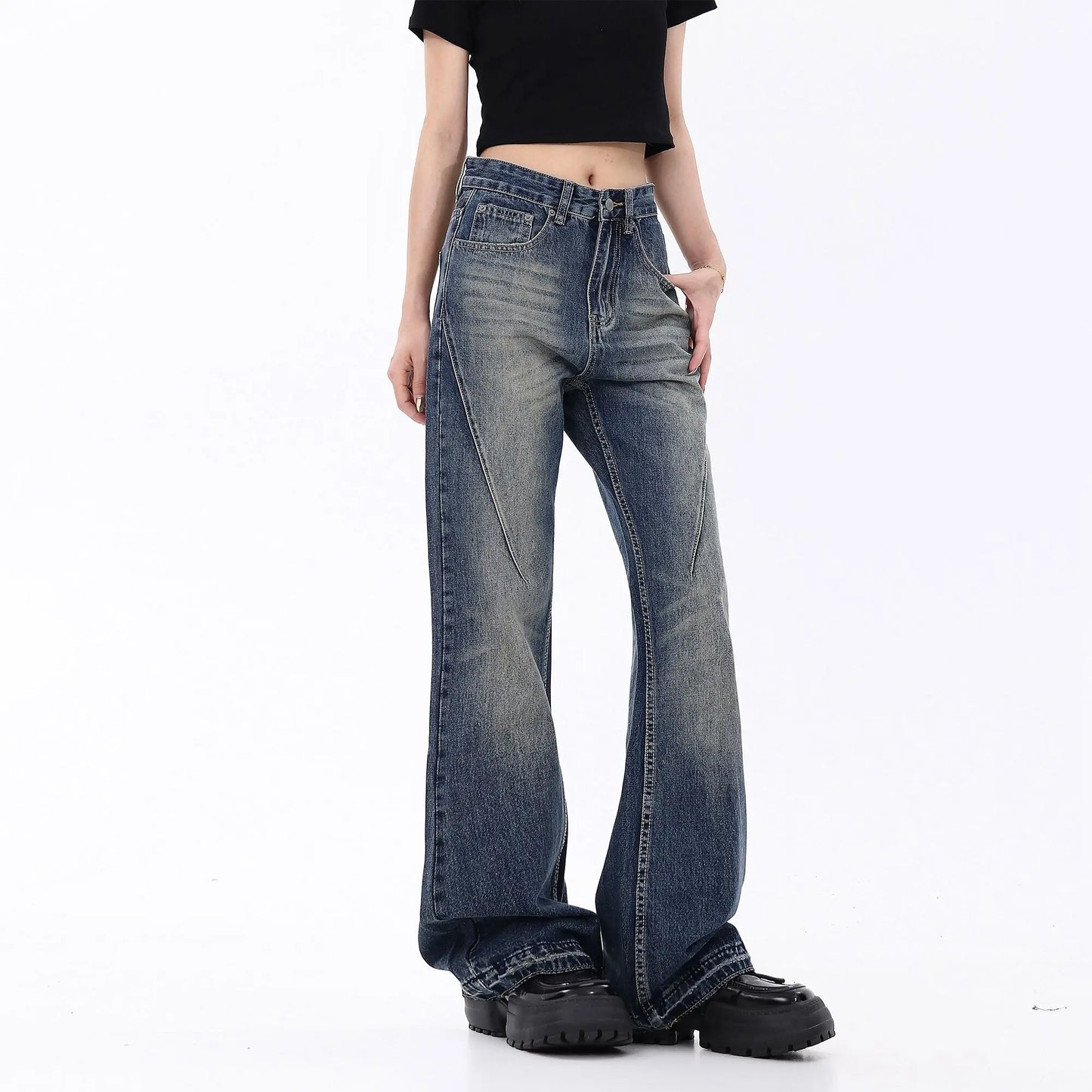 American High Street Washed Jeans Men's and Women's Loose Straight Tube Vibe Style Pants Micro Ragged Pants Streetwear