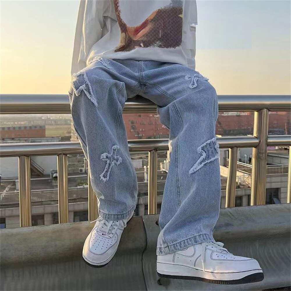 Men's Denim Pants Fashion Loose Wide Leg Jeans Casual Streetwear Printed Cross Trousers jeans Pants Baggy Men Jeans