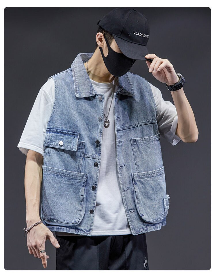 Spring Autumn All Season AllMatche Fashion Men's Solid PocketCool Boy Casual Loose Safari Style Tess Button Vest Denim jacket