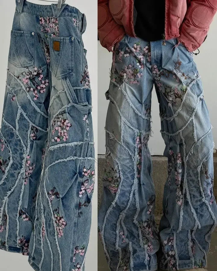 FORUWISH  -  Gothic Harajuku Cherry Blossom Embroidery Holes Retro Blue Jeans Women's Y2K New Harajuku Hip-Hop Casual Joker Wide-Leg Pants