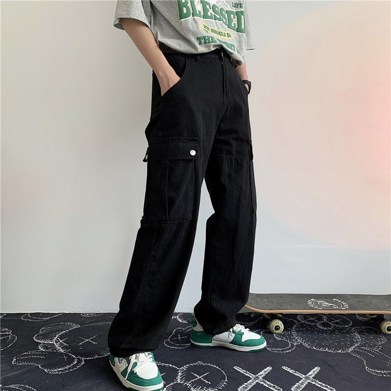 Functional Multi Pocket overalls men's summer Japanese cityboy pants student fashion loose wide leg casual pants Street New