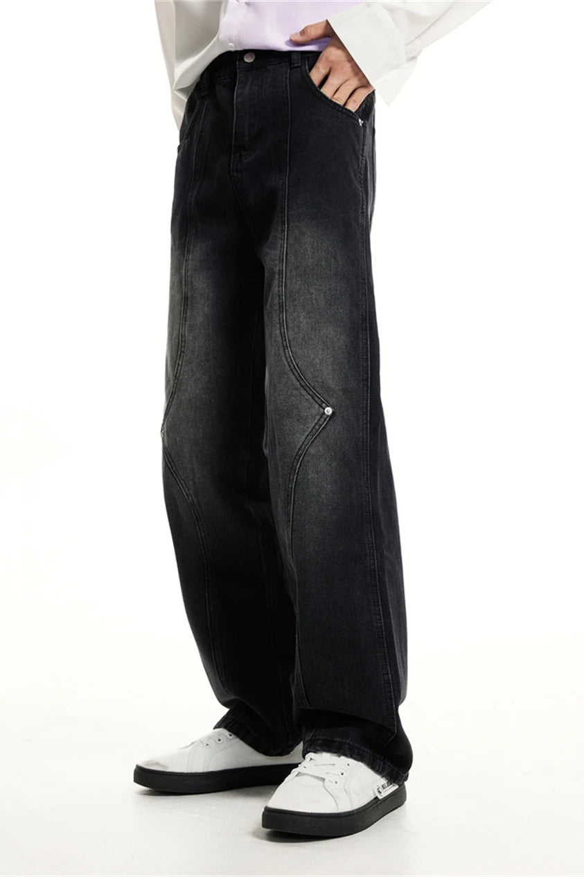 Relay's new Korean version of loose fitting straight mid rise denim jeans with stitching and buckle design for men and