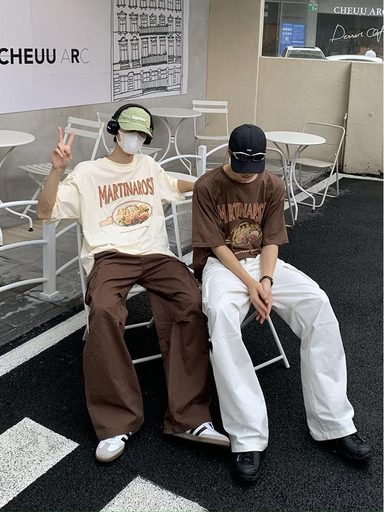 Vintage Classic Korean Style Cargo Pants for Men Big Pocket Casual Loose Trousers Male Brown White Streetwear Hip Hop