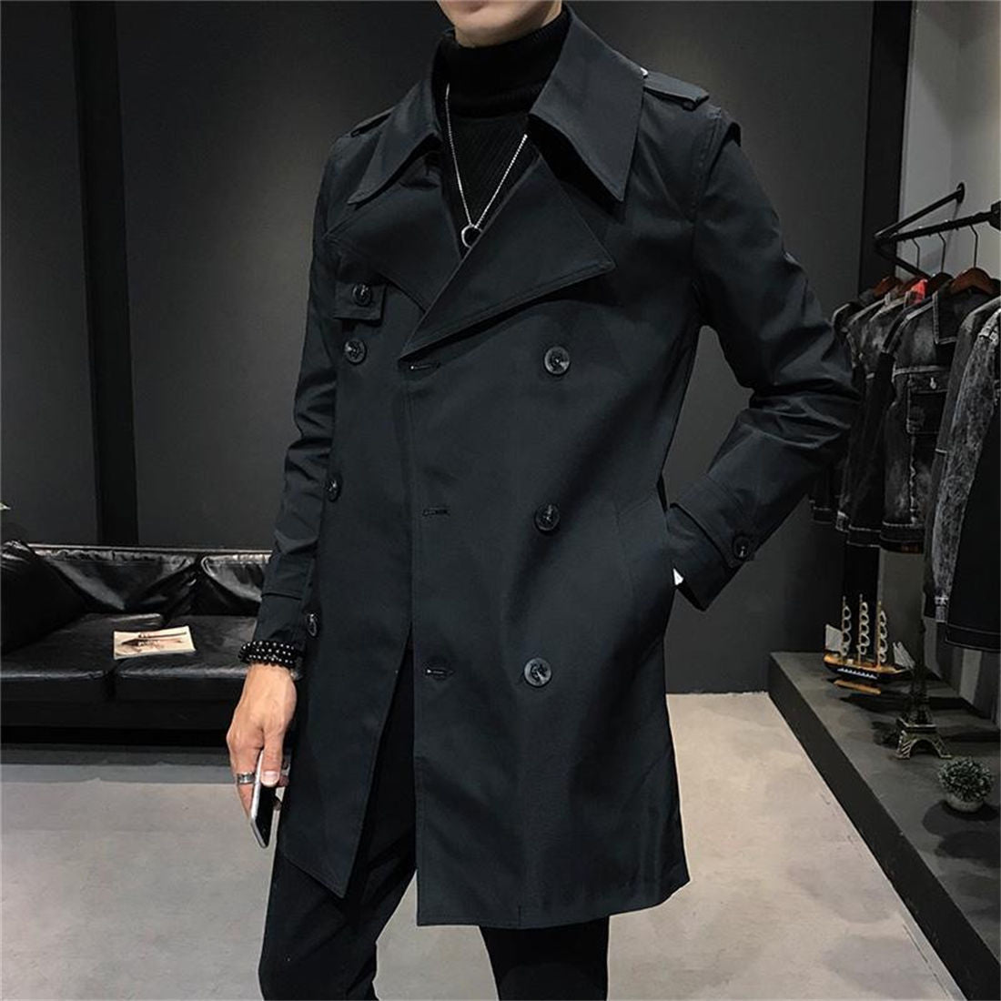 Autumn Winter Men's Jackets Double Breasted Medium-Long Trench Coat Male Solid Color Coats Fashion Windbreaker Outwears K53