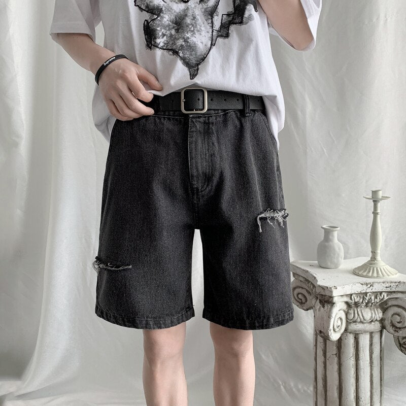 Summer New Streetwear Baggy Short Jeans Men Korean Fashion Loose Straight Wide Leg Denim Shorts Male Brand Black Blue