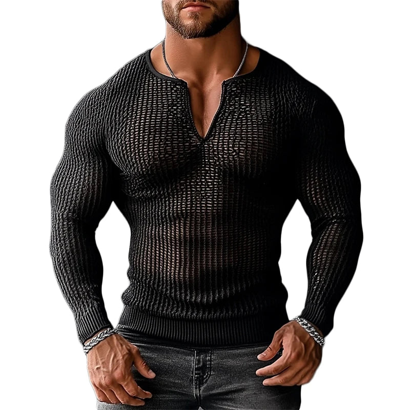 FORUWISH  -  Sexy Mesh Bottoming T Shirts Mens Fashion Hollow Out See Through Pullover Tops Men Spring Autumn Vintage V Neck Long Sleeve Tees